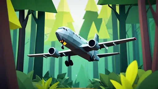 Prompt: Missing plane in a forest cartoon low poly