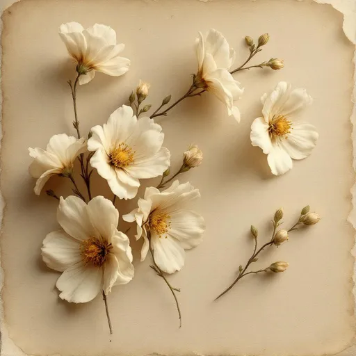 Prompt: Create a vintage image of an oil painting collection of delicate, pressed botanical flowers arranged on a soft aged paper background. The image has a vintage aesthetic. Flowers are slightly faded with time, their translucent textures and natural imperfections preserved. Muted tones, warm lighting, subtle sepia wash, and soft film grain. Style of antique botanical oil painting with realistic shadows and paper creases. The image has no text included

