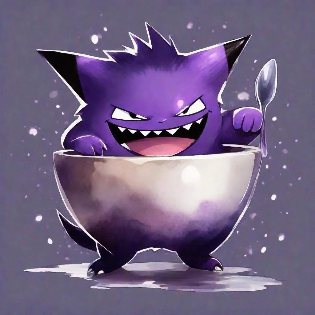 Prompt: Gengar with a spoon, exactly like the anime gengar, Pokémon, dark purple body, 2 small paws and 2 small legs, it is floating, this creature is creepy, soft dark splash background, Masterpiece, Best Quality, in watercolor painting art style