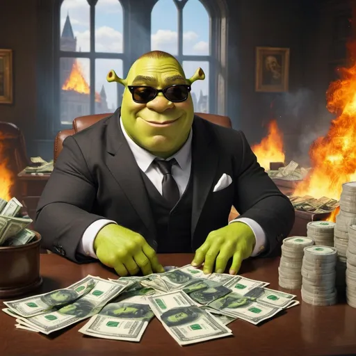 Prompt: shrek in a rich suit at a desk surrounded with money and wearing sunglasses with 2 identical t
rectangle shyscrapers burning in the very far background
