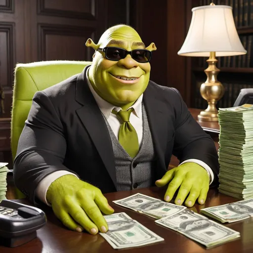 Prompt: shrek in a rich suit at a desk surrounded with money and wearing sunglasses