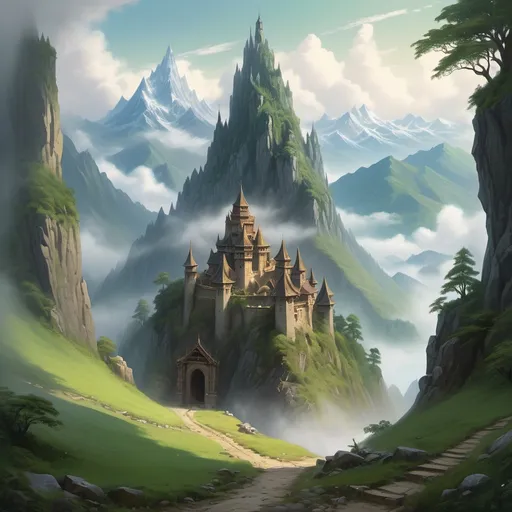 Prompt: majestic mountain landscape, a tall single mountain towering at the end of a serene valley, ancient wizards tower and castle perched atop with towering spires, a winding dirt road leads to an intricately designed pointed arched door at the base far below the peak, breathtaking scenery bathed in light fog, remote and icy ambiance, lush greenery surrounds the mountain, ultra-detailed, breathtaking HD quality.