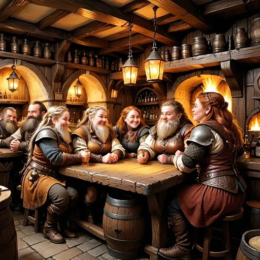 Prompt: A cozy medieval tavern interior, 5 women dwarves sitting at a bar. The dwarves are engaged in a lively discussion, mugs of ale in their hands. Between them, on the table, is a large, ancient parchment that appears blank. The scene is warmly lit by a fireplace in the background, casting a golden glow on the dwarves' faces. The dwarves have detailed, braided hair, and are dressed in traditional dwarven attire with intricate designs. The atmosphere is friendly and inviting, with the background filled with details of the tavern, such as barrels, shelves with tankards, and wooden beams.