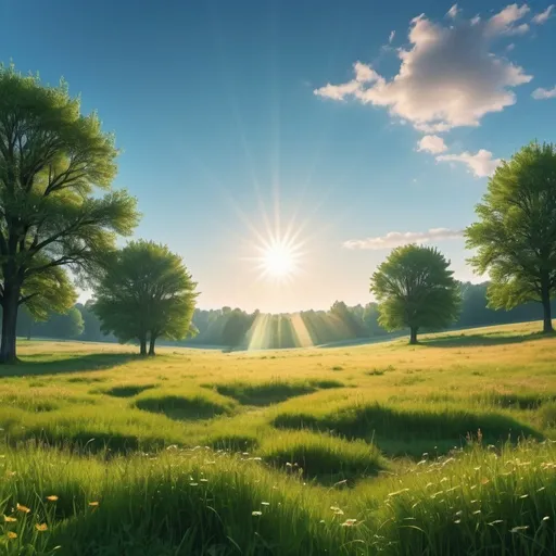 Prompt: A picture of a sun overlooking a meadow of grass. Should look like a picture not a cartoon.  Make this look like a photograph. Sky should be blue and there should be festive flags and green trees. Add festive colorful flags and more trees in the foreground