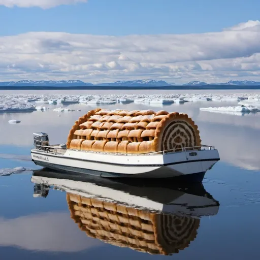 Prompt: A cruiser made of strudel on Great Slave Lake