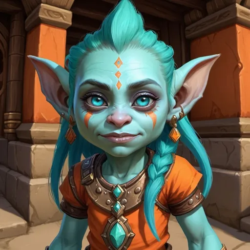 Prompt: a female Zandalari troll child from World of Warcraft with mint green skin, blue eyes, tiny ears, without horns wearing orange inside a typical Zandalari building