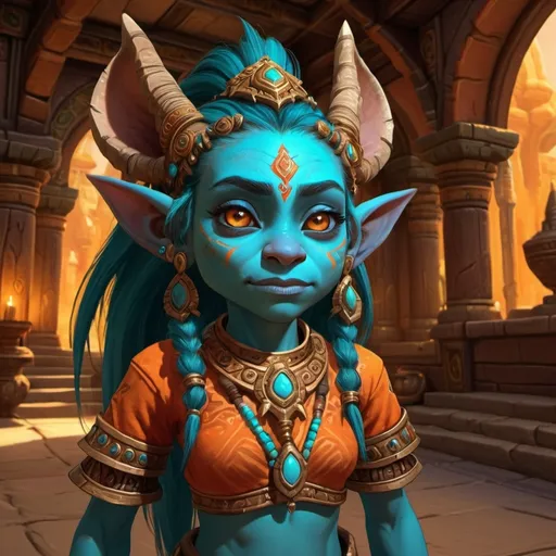 Prompt: a female Zandalari troll child from World of Warcraft with small ears and no horns wearing orange inside a typical Zandalari building