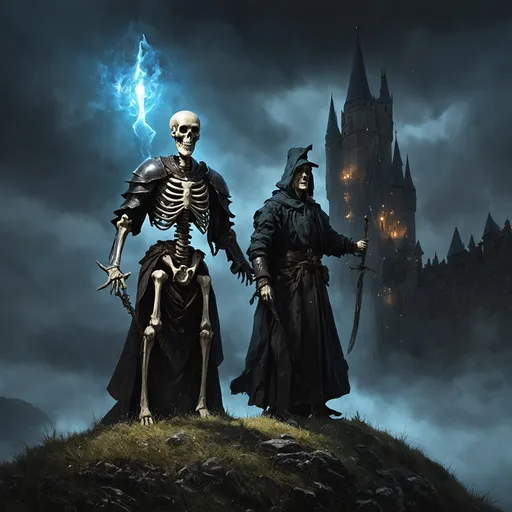 Prompt: A dramatic and detailed scene of a skeleton and a wizard standing together at the top of a windswept hill under a dark, cloudy sky. Behind them, a large medieval castle with towering spires and fortified walls looms in the distance. The skeleton is dressed in ancient, tattered armor and holding a glowing sword, while the wizard is cloaked in flowing robes with glowing runes, holding a staff emanating magical light. The hill is covered in sparse grass and jagged rocks, and the distant landscape below is shrouded in mist, enhancing the eerie and mystical atmosphere. The lighting emphasizes the magical glow and the imposing castle against the stormy backdrop