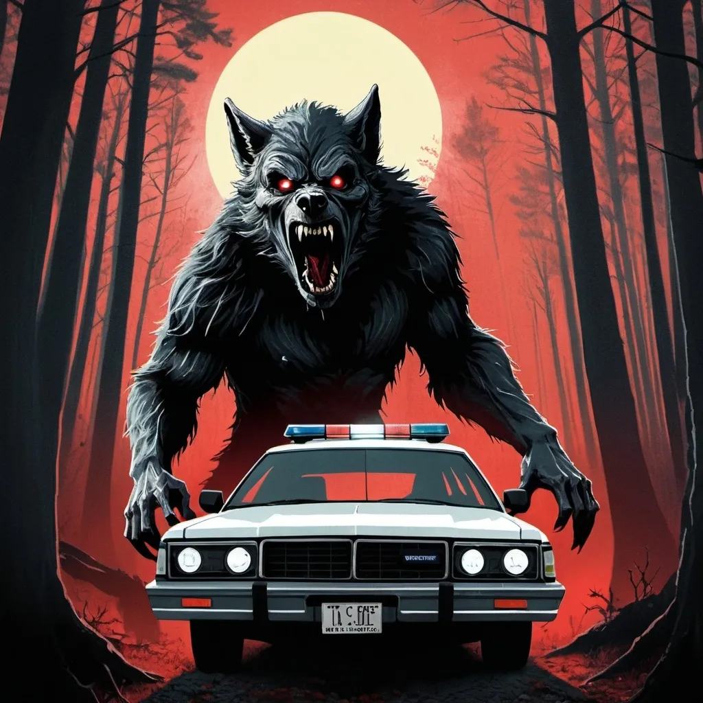 Prompt: Horror film poster of a werewolf in the woods attack a cop car horror movie poster