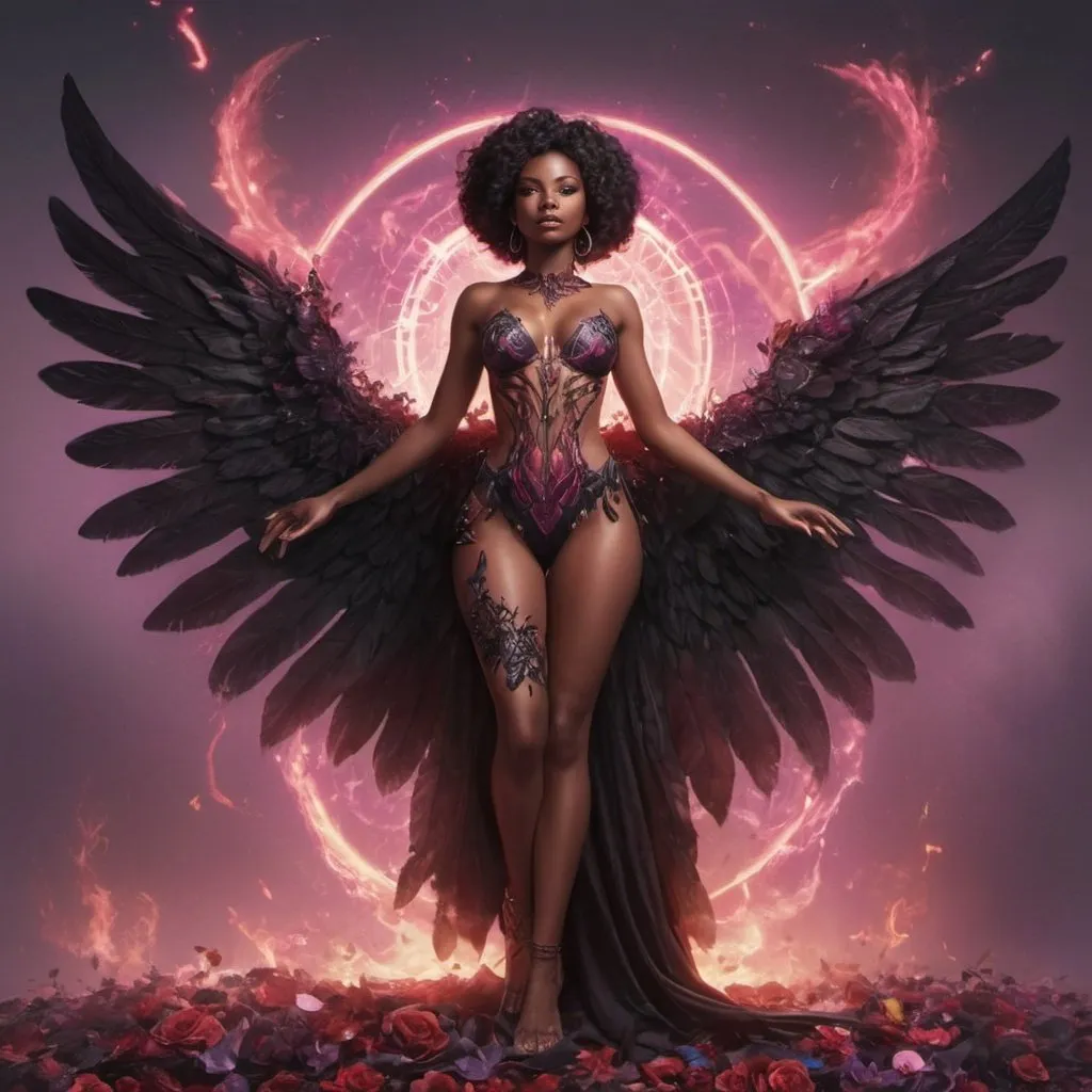 Prompt: Full body picture. A beautiful womanly black woman with infinite power and four large beautiful strange wings of black fire. She has auras of: black roses, black petals, hot pink and purple flowers, and red thunders. Her feet is beautifully arrayed in diamonds