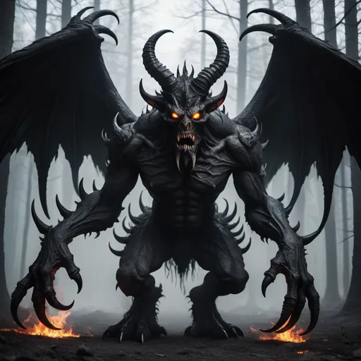 Prompt: A large creature with large terrifying demon eyes many horns and wings. Shadowy skin and very disturbing. The most terrifying monster ever with terrifying black fires covering his feet