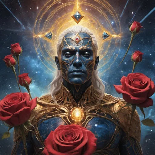 Prompt: A celestial Lord with the mighty winds of the Multiversal reality rips through a multidimensional spacetime setting of golden nebulas, red and blue diamond roses.