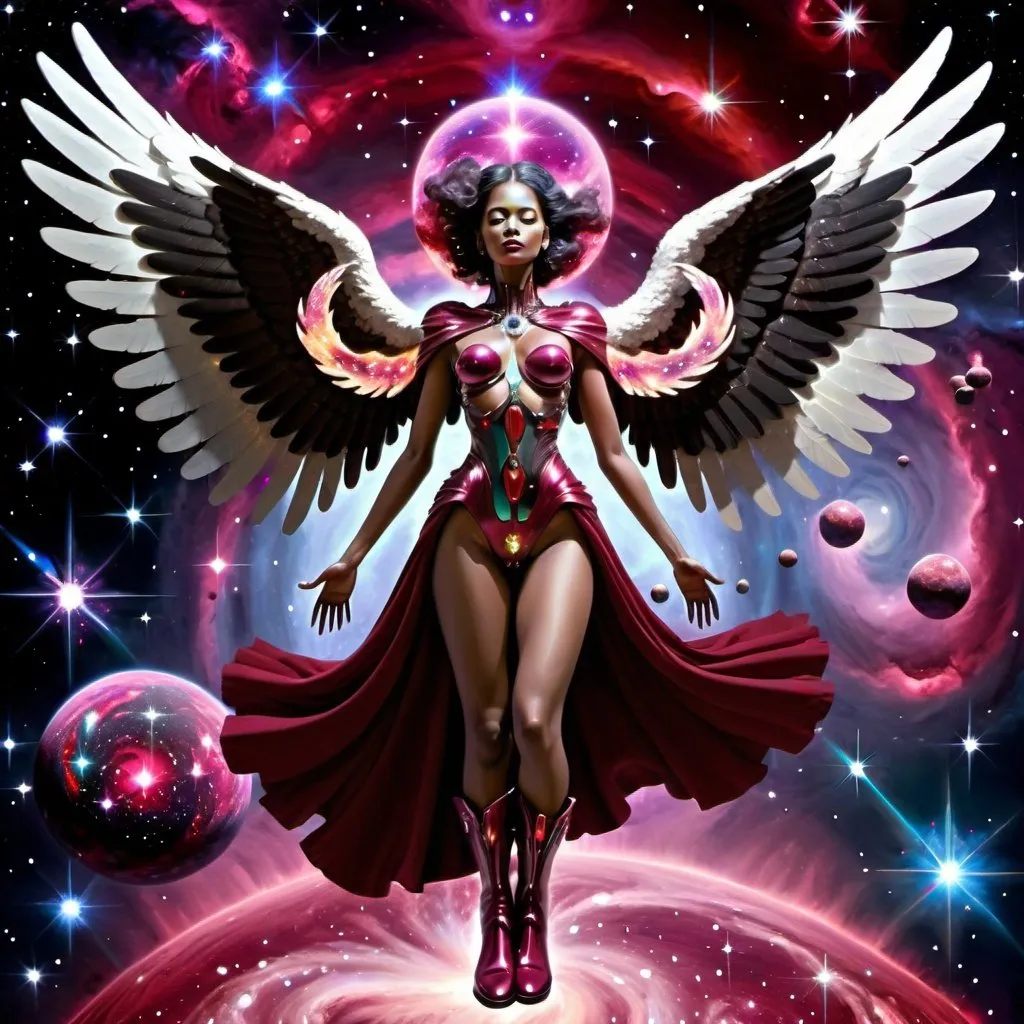 Prompt: A celestial woman of infinite beauty and terror. Wings are black holes and nebulas with Hawkings radiation bursting from each direction. Hands and feet are made of galaxies. Face looks like the 3rd Heaven. Her boots clothed the galaxies in precious intergalactic ruby and diamond giants