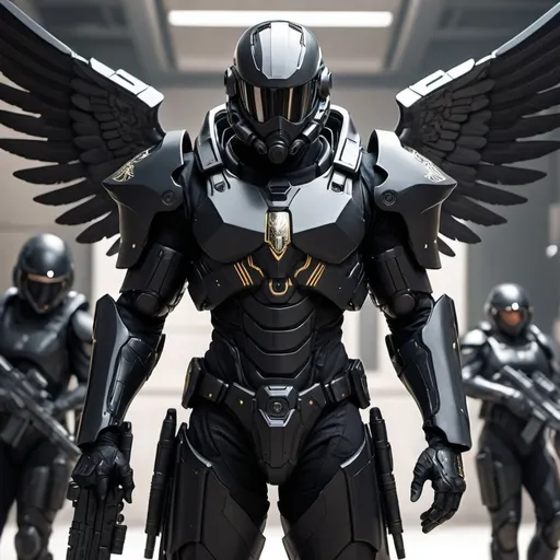 Prompt: A righteous angelic futuristic black military with heavenly futuristic armor, guns, weapons, and gear. 