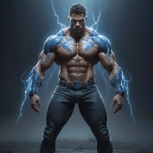Prompt: A full body picture. A very muscular ripped huge irresistibly handsome futuristic tribal man of omnipotence and very terrifying power. Blue thunders burst from his feet