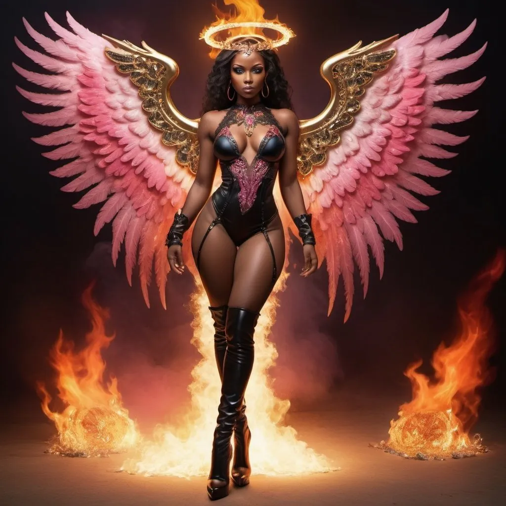 Prompt: Full body picture. Extremely attractive athletic beautiful strong black woman. Black lace revealing clothing decorated in diamonds and gold trimmings; flaming eyes and large red beautiful angel wings with a terrifying glare. decorated with gold sapphire rubies and diamonds. different colors beautiful fires all around her aura. Very womanly features but angelic however malevolent. Leather thigh high: high heel boots. Flaming red and pink powerful surreal fire auras.