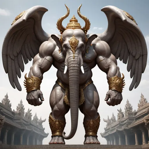 Prompt: A large terrifying elephant Deity with the body of a muscular man too big muscles and giant. Large horns and several angel wings
