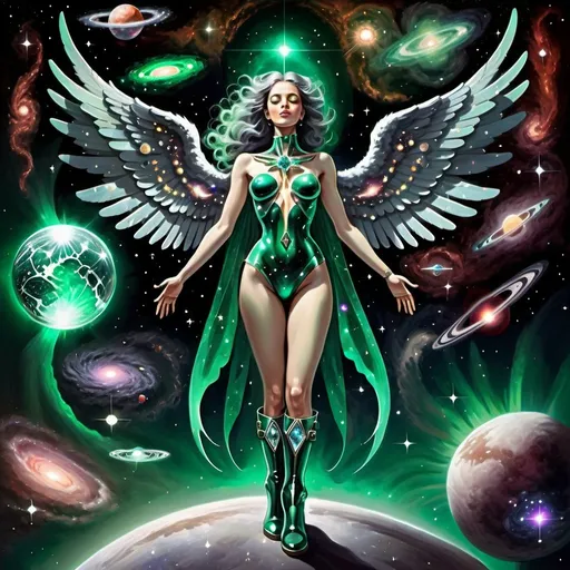 Prompt: A celestial man of infinite charm and terror. Wings are black holes and nebulas with Hawkings radiation bursting from each direction. Hands and feet are made of galaxies. Face looks like the 3rd Heaven. Her boots clothed the galaxies in precious intergalactic emerald and diamond giants