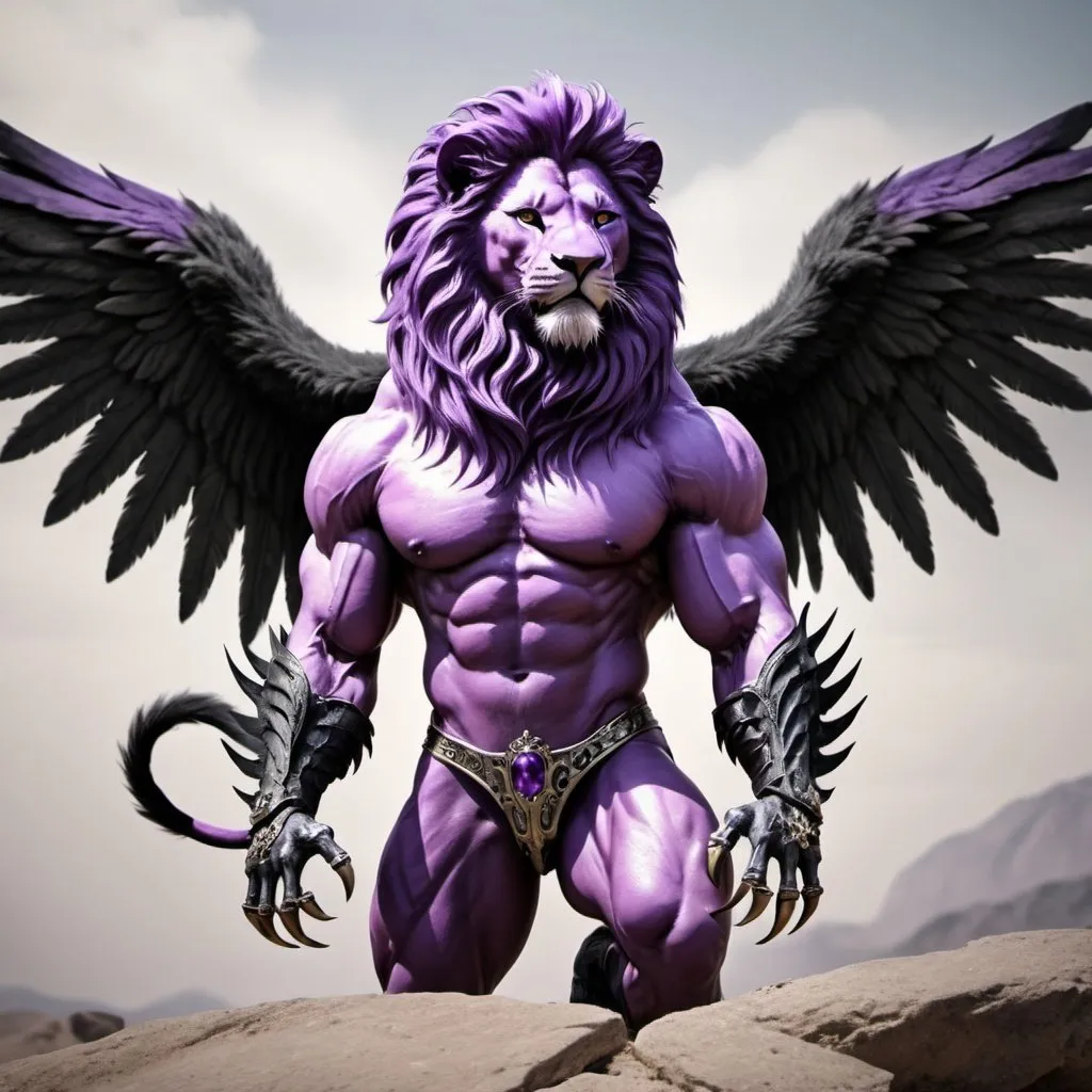 Prompt: A lion with the body a muscular human. Skin purple tiger fur. Really sharp metal claws. His feet were like wolves feet with metal claws. 4 large black angel wings 