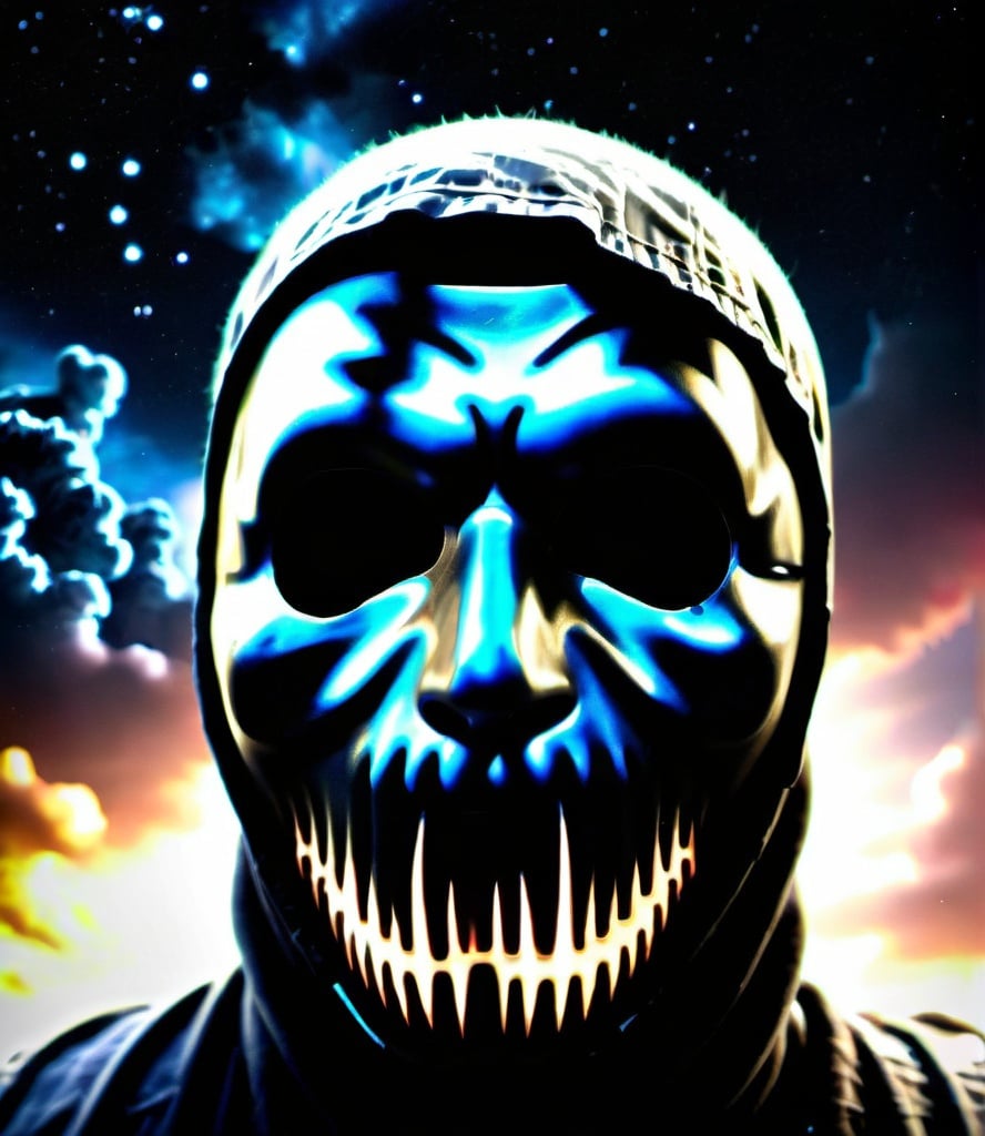 Prompt: A horrifying mask covering the sky in intergalactic destruction terror and devastation beyond imagination. Unfathomable terror