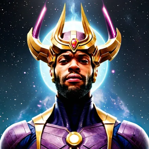 Prompt: A realistic full figure image of an omnipotent man with eternal power from The Father to empower. All celestial elements ad infinity stones surround him. His gear is like Galactus combined with a futuristic beyond reality transformer.