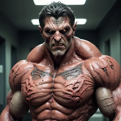 Prompt: A very handsome Italian zombie boss demon man. His face is beautifully stitched together. He had enormous muscles. Does very futuristic and pleasant.