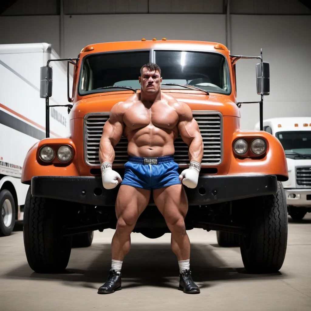 Prompt: A strong heavyweight boxer mixed with a truck. So basically it's a Truck like Muscler boxer person. Literally like a mechanical cross between a truck and a muscle man