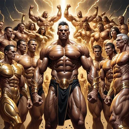 Prompt: A massive legion of extremely powerful muscular men and women. All are futuristic prophetic soldiers with a prophetic power of omnipotence from GOD. Golden thunders rage around them