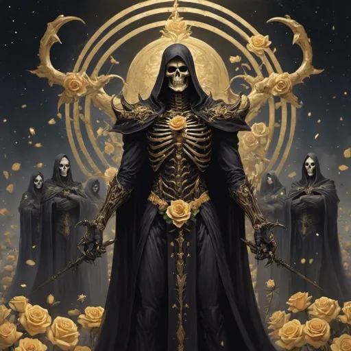 Prompt: A Dark Lord with all of the grim reapers from every different world posing around him in support of him. The stars appear as golden roses.