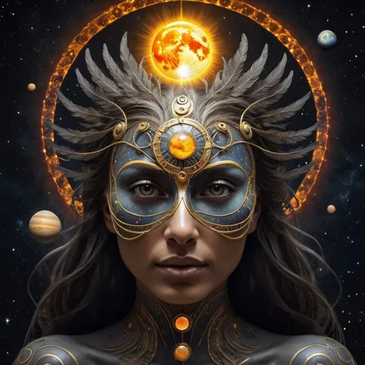 Prompt: A multiversal bird woman with the sun and moon as her eyes and the solar system as her mask. She has darkness under feet and the source of all light above her head