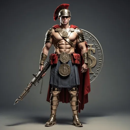 Prompt: Full body male soldier with Roman deity weapons and gear and a dollar sign symbol on the uniform
