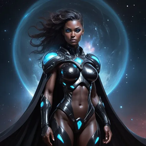 Prompt: A huge muscular galactic celestial woman with futuristic mutant armor and black attire. She has a very nice hero's Cape. Very powerful. Omnipotent. Cosmic aura