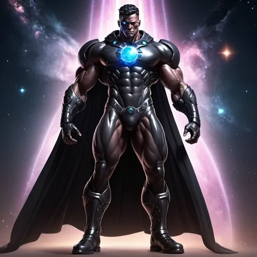 Prompt: A huge muscular galactic celestial man with futuristic mutant armor and black attire. Cosmic combat boots and power under his feet. He has a very nice hero's Cape. Very powerful. Omnipotent. Cosmic aura