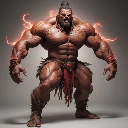 Prompt: A full body picture. A very muscular bulky tall extremely handsome tribal man of omnipotence and very terrifying power. Red thunders burst from his feet