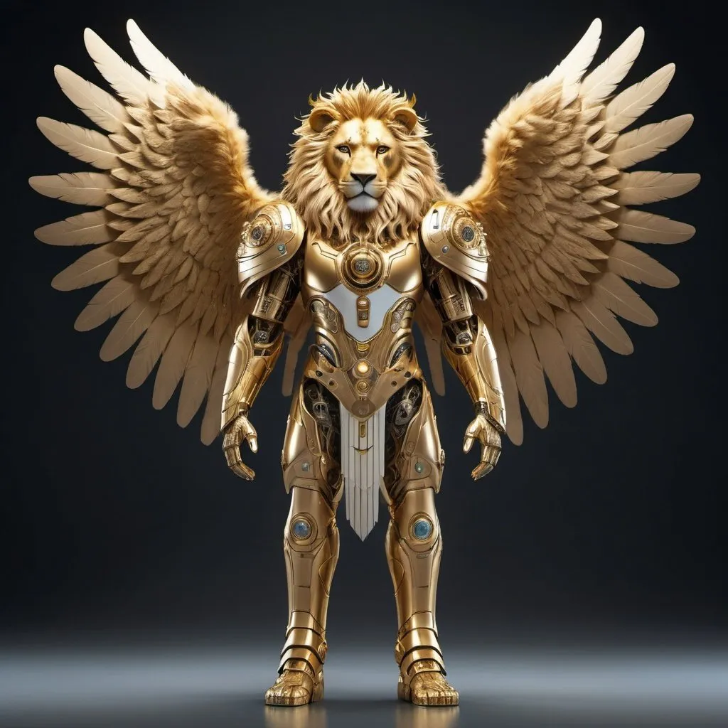 Prompt: A full body angel. Six wings, lions fur and mane. Has animal faces on the side of it's face and golden futuristic gear that appears to be royalty