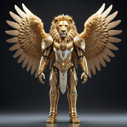 Prompt: A full body angel. Six wings, lions fur and mane. Has animal faces on the side of it's face and golden futuristic gear that appears to be royalty