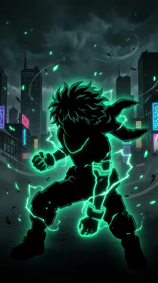 Prompt: 9:16 vertical seamless looping animation of black anime silhouette inspired by Deku from My Hero Academia, crouched low in charging stance with arms glowing, fists clenched, hair flowing back. Vibrant neon emerald green glowing contour and crackling lightning trails around body. Stormy urban background with swirling wind and spark particles. Subtle motion: gentle forward lean rebound, lightning aura intensifying then releasing synced to beat, hair rippling dynamically, small energy sparks flickering. Hypnotic power-building vibe, no text, no facial details, immersive EDM Spotify Canvas style.
