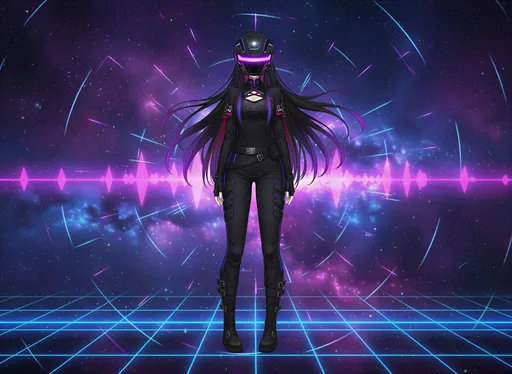 Prompt: @d7WtnDDNBF2wtiCPnUwkas Anime female protagonist as a futuristic robot girl with sleek helmet and glowing visor, long flowing hair peeking out, standing confidently against a starry cosmic background with pulsating neon grids and EDM sound waves, vibrant purple and blue tones, high-tech anime style, square album cover composition, highly detailed.