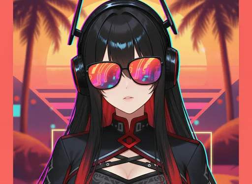 Prompt: @d7WtnDDNBF2wtiCPnUwkBold close-up portrait of a confident anime female lead with stylish hair and sunglasses, funky neon outlines and tropical vibes in the background, vibrant summer colors like orange and pink, energetic and charismatic pose, retro-futuristic EDM album cover feel."