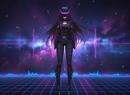Prompt: @d7WtnDDNBF2wtiCPnUwkas Anime female protagonist as a futuristic robot girl with sleek helmet and glowing visor, long flowing hair peeking out, standing confidently against a starry cosmic background with pulsating neon grids and EDM sound waves, vibrant purple and blue tones, high-tech anime style, square album cover composition, highly detailed.