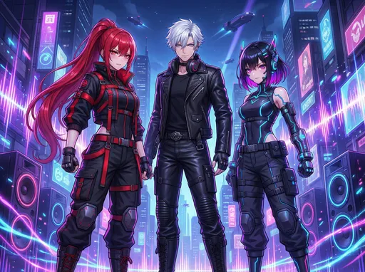 Prompt: @d7WtnDDNBF2wtiCPnUwk @p9Z8QZP53XThzxd33K76 @njH6De7x1G76LppYidC4  wo confident female characters and one male character, standing together in a powerful group pose. The females have determined expressions with flowing hair, one with long ponytail and techwear jacket, the other with short hair and glowing accessories; the male in the center or side with sharp eyes and headphones around his neck. Surrounded by vibrant neon EDM lights in purple, blue, and pink, pulsating sound waves and energy effects in the background, futuristic cyberpunk cityscape at night, high contrast, dynamic composition, highly detailed anime art, square format for music album cover, safe for work, empowering and energetic vibe.