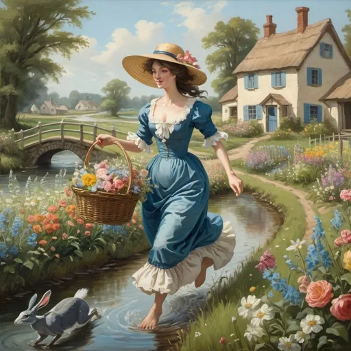 Prompt: rococo woman running through a field of flowers with a long dress, straw hat, and a basket of flowers. there is a stream and a cottage and a rabbit. A blue heron is drinking from the stream. Fish are jumping.