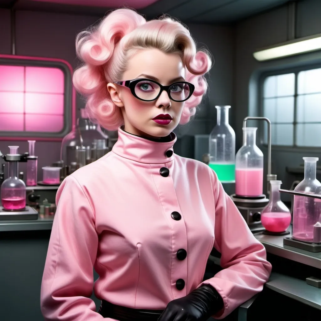 Prompt: Young female high fashion mad scientist who is very fashionable and only wears pink. She wears pink lab attire with a high collar. Science experiments, whimsical, ethereal, retro futurism, atomic, feminine, vintage, 1950s, sci-fi