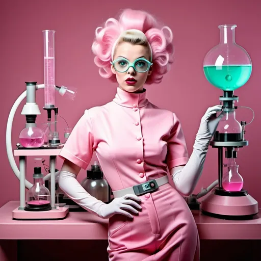 Prompt: Young female high fashion mad scientist who is very fashionable and only wears pink. She wears pink lab attire with a high collar. Science experiments, whimsical, ethereal, retro futurism, atomic, feminine, vintage, 1950s, sci-fi