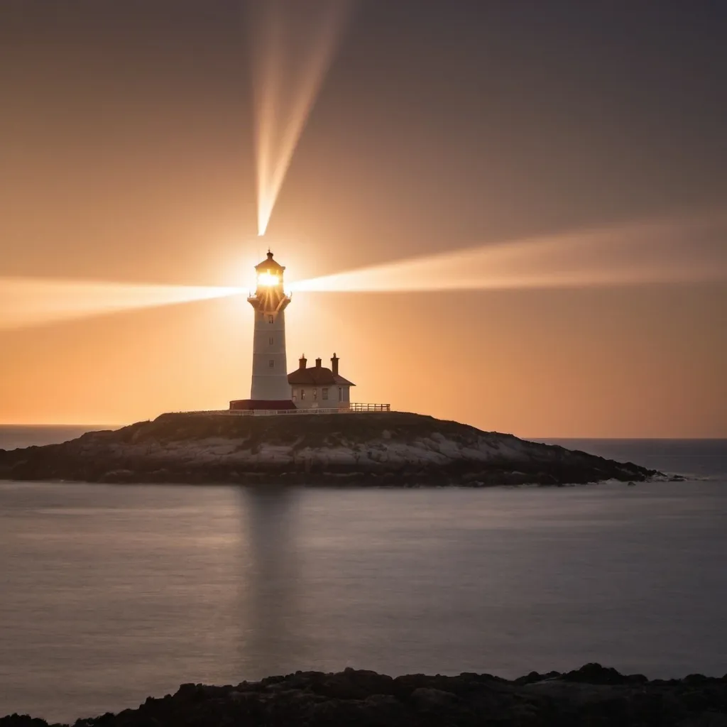 Prompt: A LIGHTHOUSE AT SUNSET WITH IT' S LIGHT  BEAM   SPINNING FAST ON THE OUTSIDE GOING AROUND THE TOP OF THE TOWER

