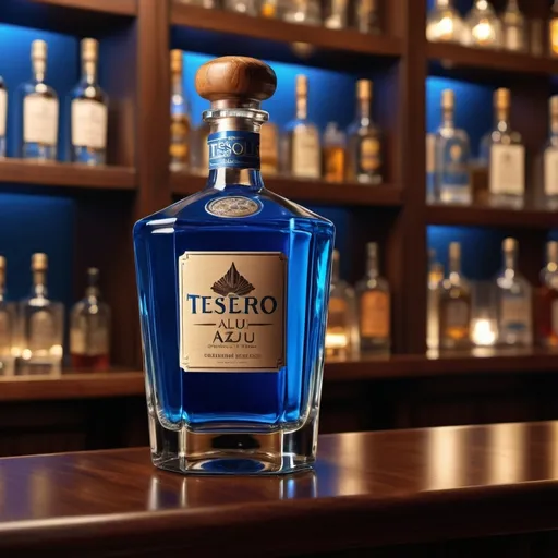 Prompt: UNA BOTELLA DE TEQUILA DE MARCO ANTONIO SOLIS MARCA TESORO AZUL SOBRE UNA MESA DE UN ELEGANTE BAR