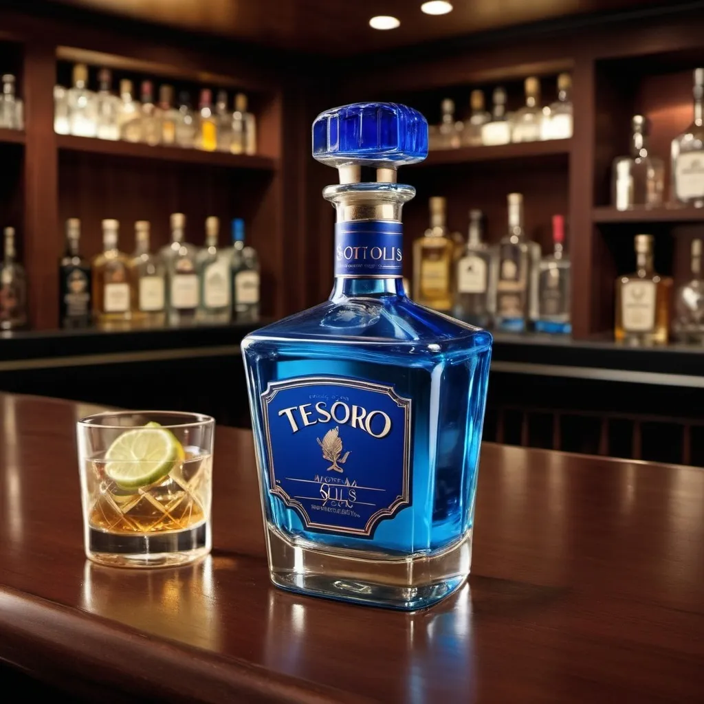 Prompt: UNA BOTELLA DE TEQUILA DE MARCO ANTONIO SOLIS MARCA TESORO AZUL SOBRE UNA MESA DE UN ELEGANTE BAR