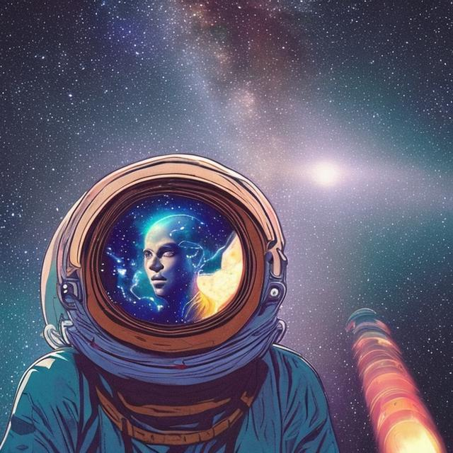 Prompt: Show me to heads connecting telepathically in space 
 