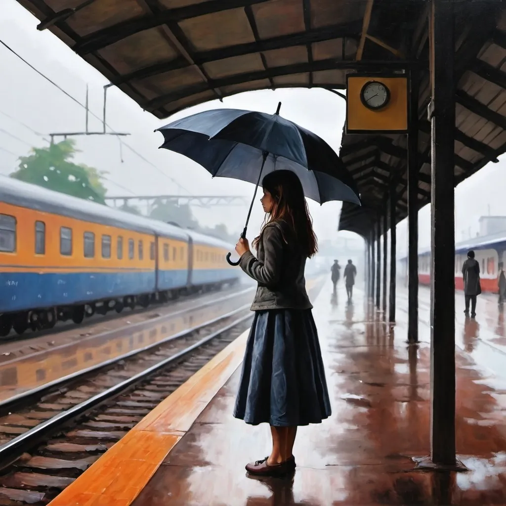 Prompt: A painiting of a young girl with an umbrella waiting alone at railway station