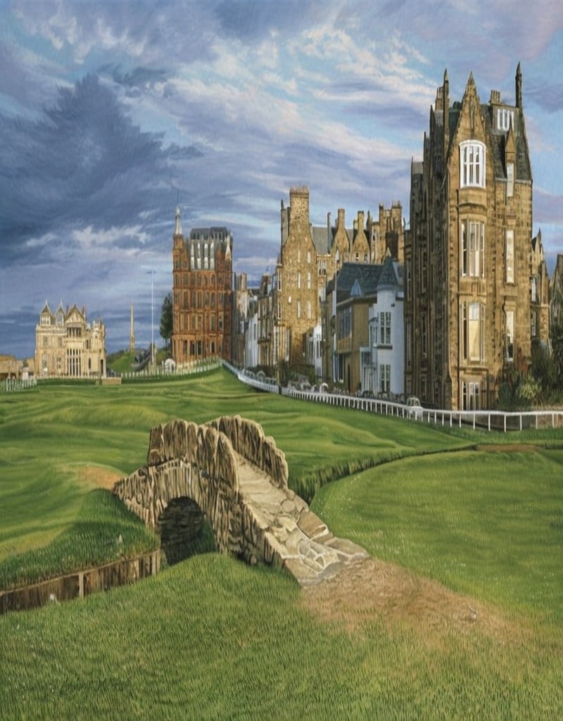 Prompt: St andrews golf course with swilcan bridge